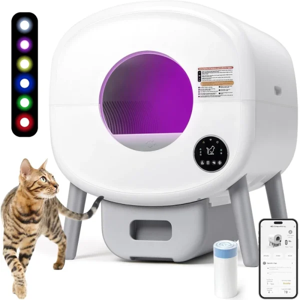 X Large Auto Litter Box Self Cleaning-Multiple Cats, Odor-Free, App-Controlled, Ambient Light Waste Disposal